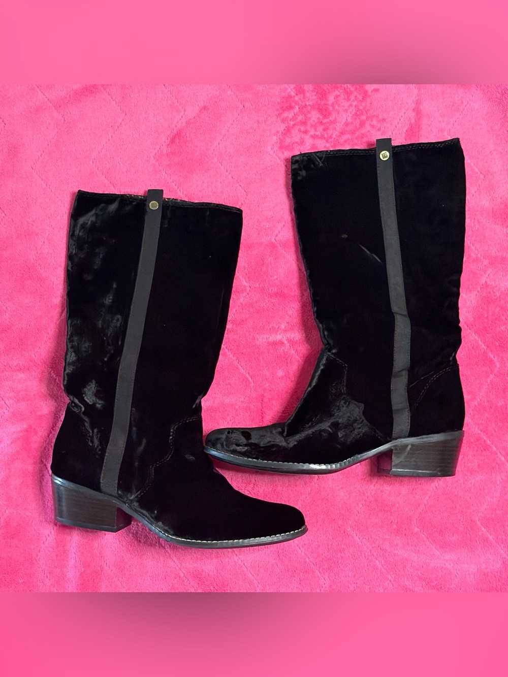 libby. edelman Black Velvet Mid-Calf Heeled Boots